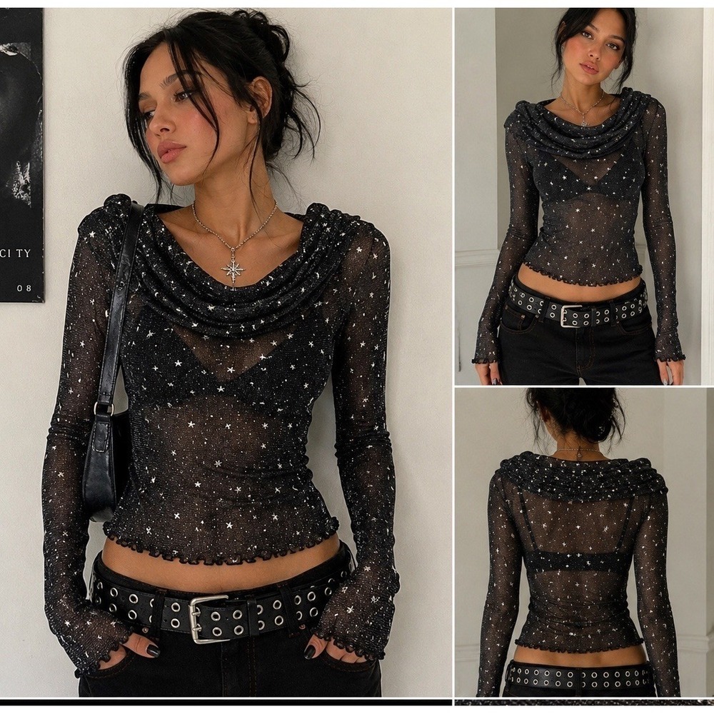 Sheer Glitter Star Print Cowl Neck Mesh Top Sz S Y2K Fairy Grunge Lettuce Hem